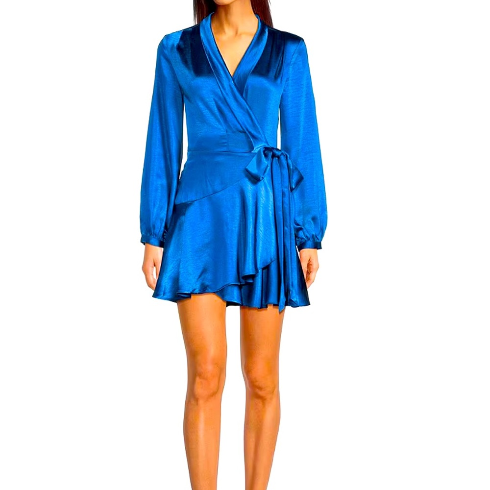 NWT Lucy Paris Blue Satin Surplice Ruffle Wrap Dress Long Sleeve M